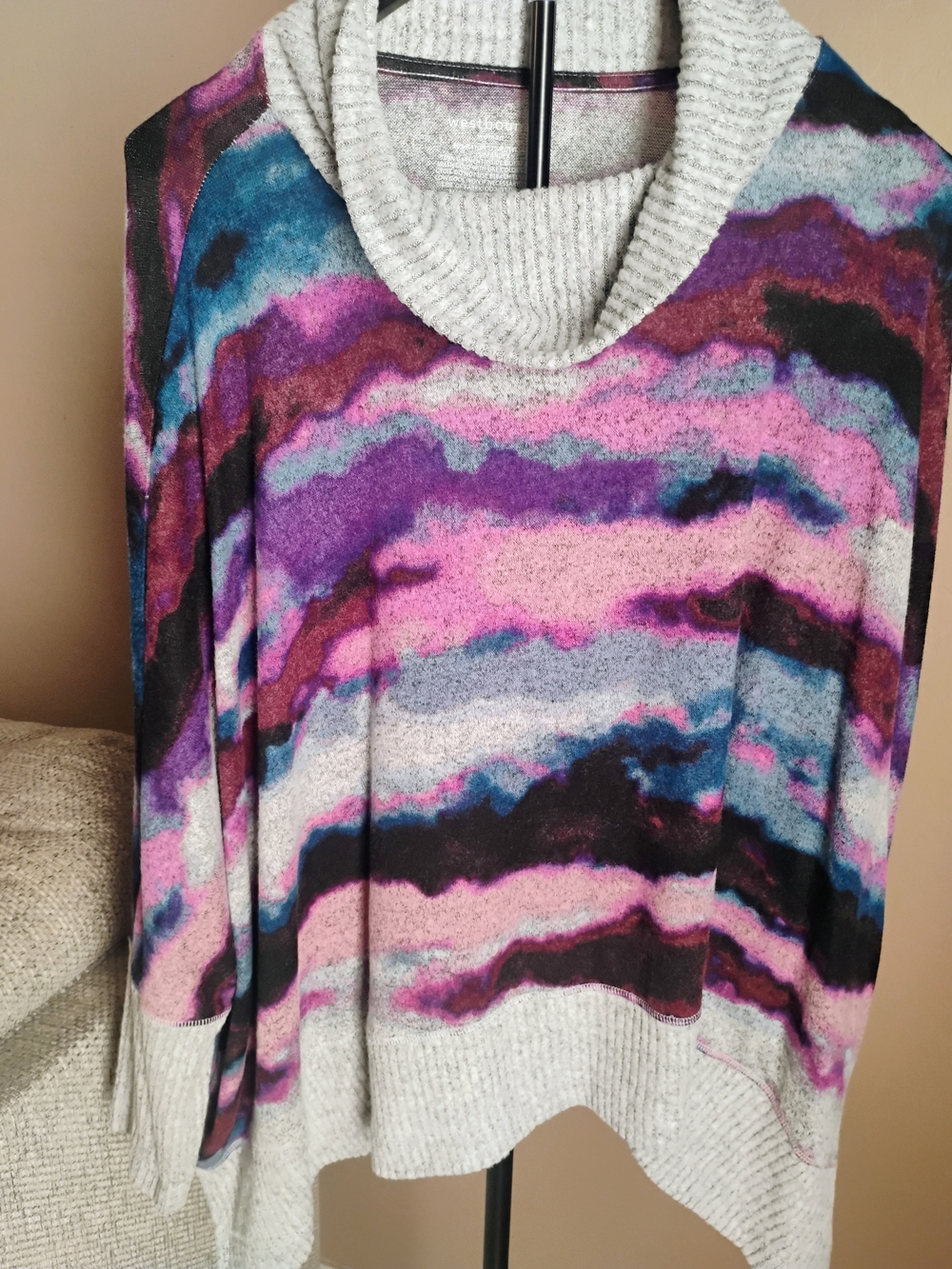 Westbound Size 1X Multicolor Cowl Neck Sweater in Pink, Purple, Blue and Black
